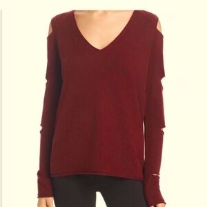 Aqua V-Neck Cold Shoulder Cashmere Sweater w/ Cutouts @ Sleeves- Small, Burgundy